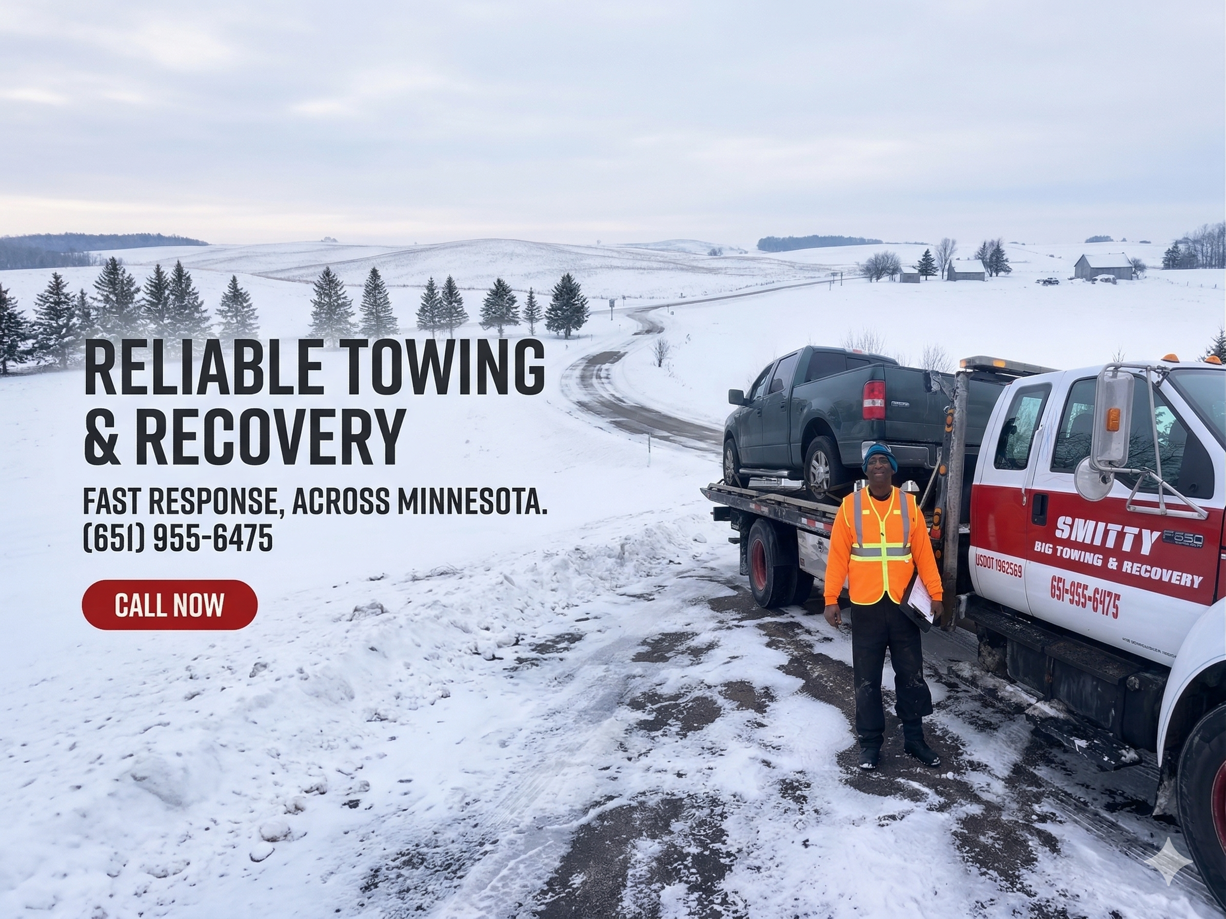 Smitty Big Towing flatbed truck performing vehicle recovery in Minnesota winter